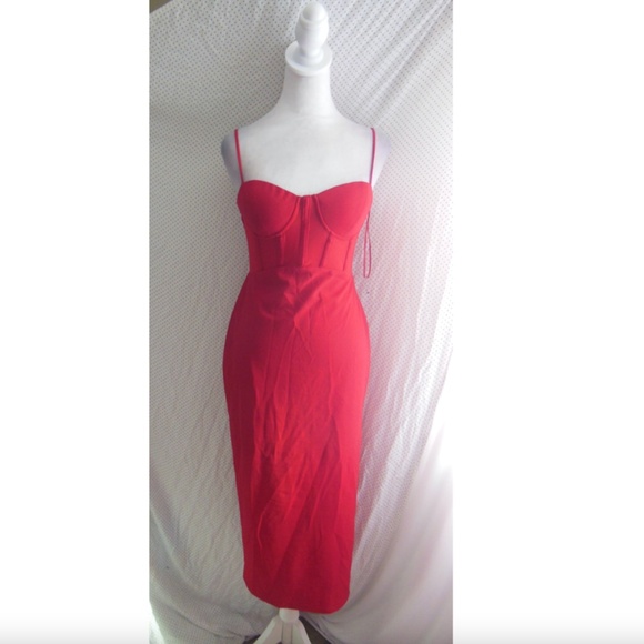 NEW ASTR The Label RED Contrast Mesh BUSTIER Stretchy COCKTAIL Midi Slit DRESS S - Picture 4 of 10